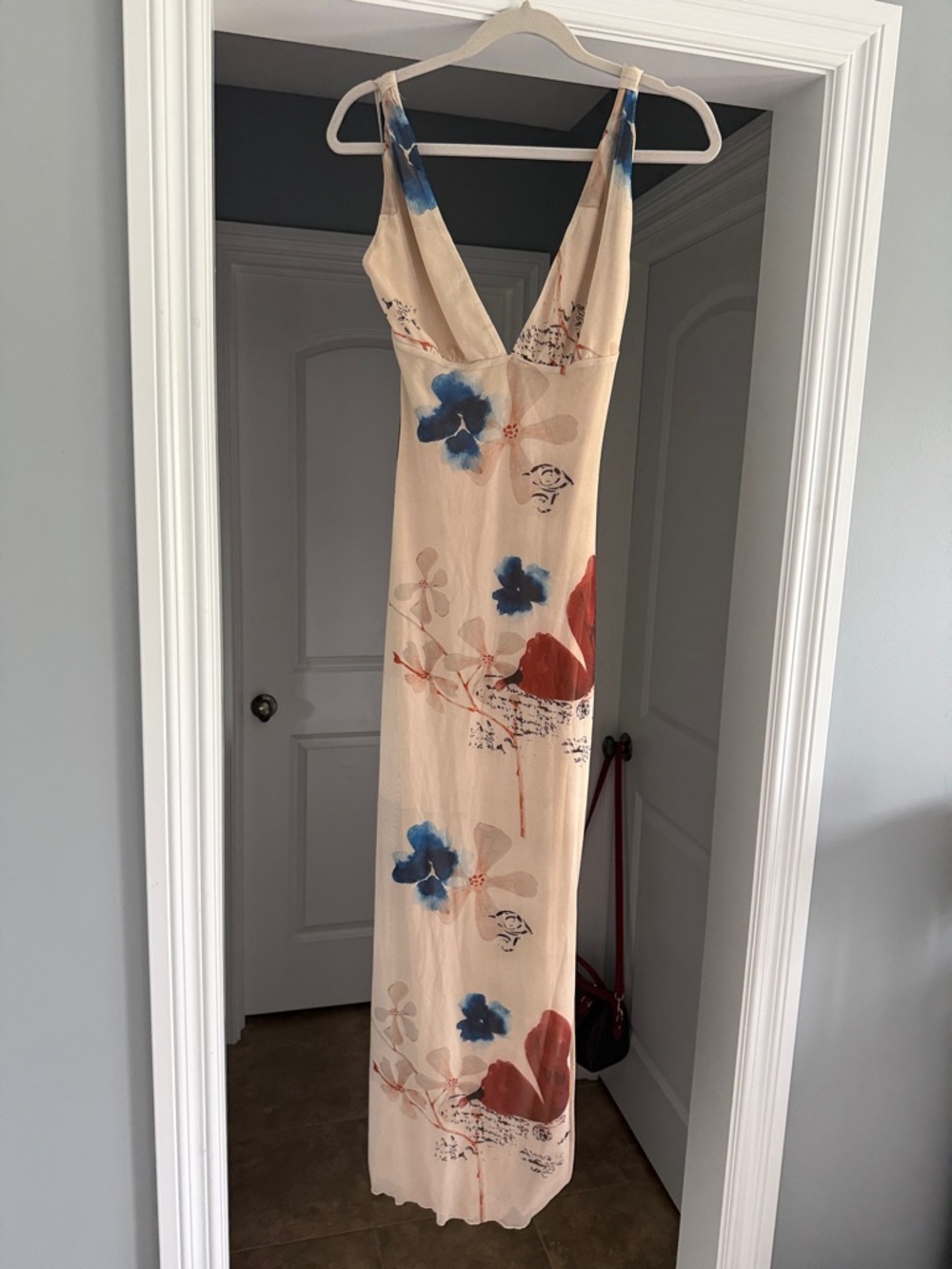 Tiger Mist Beige Maxi Dress with Blue and Rust Floral Accents